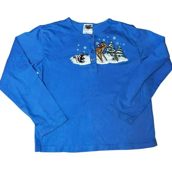 Vintage Disney Store Bambi Thumper Flower embroidered Holiday henley girl 10-12 - Picture 4 of 6